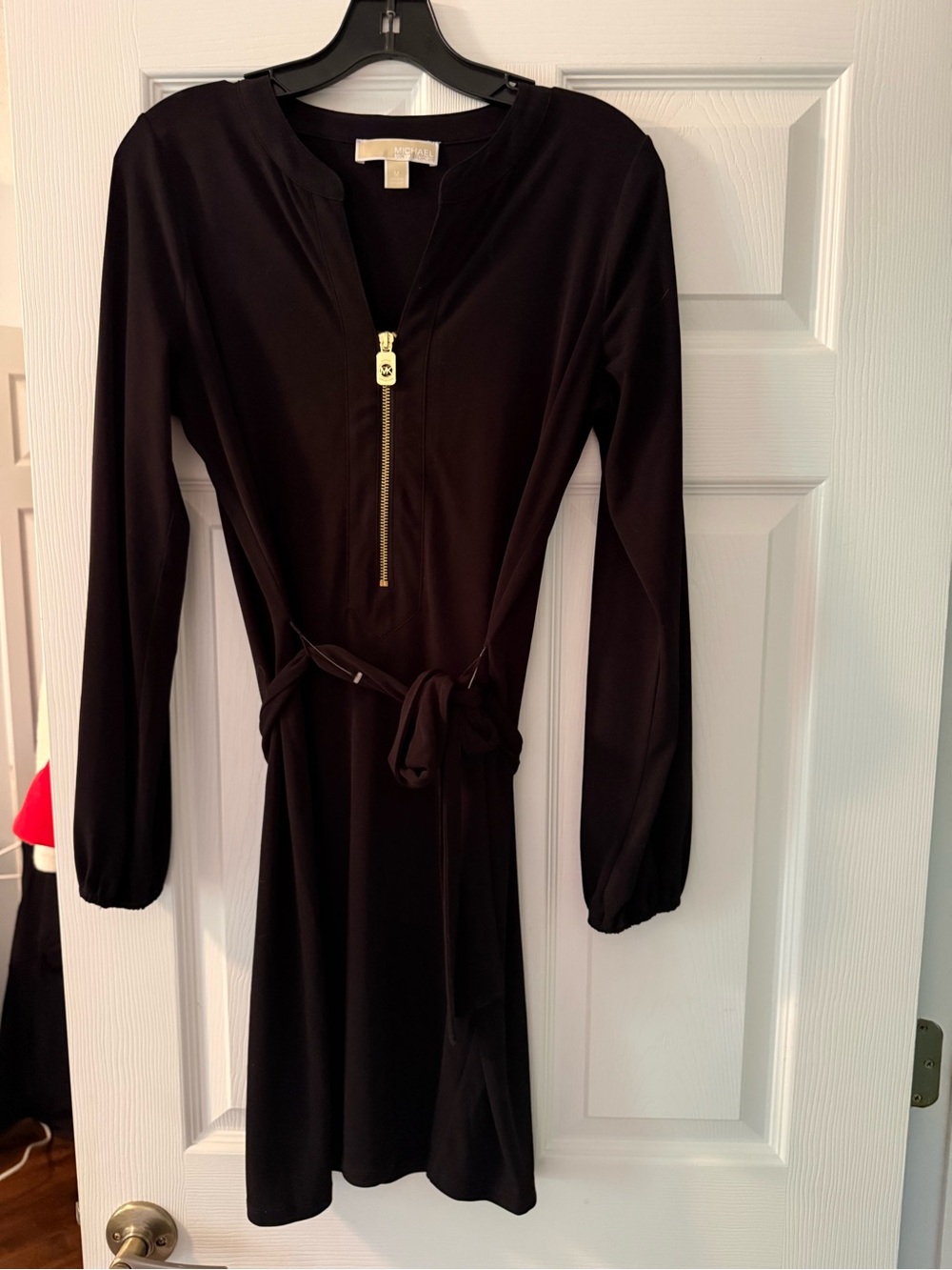 Michael Kors Black Long-Sleeve Zip-Front Tie-Waist Dress with Gold Zipper